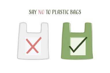 Plastik Torba. Plastik Kirlilik ve Geri Dönüşüm Konsepti. Suatainable, ekoloji ve çevre koruma kavramı tasarımı için dünyayı kurtar. Vektör illüstrasyonu.