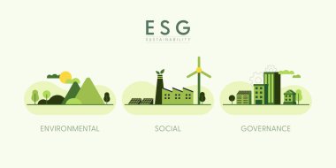 ESG konsepti, Çevre, Sosyal ve Yönetim. Yeşil ekolojik manzara seti. Düz minimal stil. Vektör İllüstrasyonu.