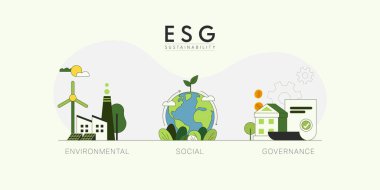 Çevre, sosyal ve yönetim kavramı olarak ESG. Yeşil ekoloji ve alternatif yenilenebilir enerji sürdürülebilir. Düz Vektör illüstrasyonu.