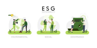 Dünyayı kurtar. ESG konsepti. Sürdürülebilir ekoloji ve çevre koruma kavramı tasarımlı çizgi film karakterleri. Vektör illüstrasyonu.