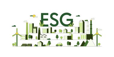 Yeşil ekoloji ve çevre konsepti sürdürülebilir. Çevresel, sosyal ve yönetim kavramı olarak ESG. Düz Vektör illüstrasyonu.