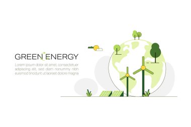 Yeşil Enerji Konsepti. Sürdürülebilir yenilenebilir enerji kaynakları. Çevre, Sosyal ve Kurumsal Yönetim kavramı. Düz Vektör illüstrasyonu.