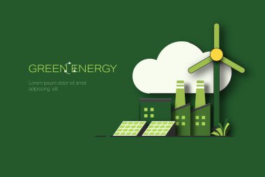 Yeşil endüstri. Yeşil Enerji Konsepti. Sürdürülebilir yenilenebilir enerji kaynakları. Çevre, Sosyal ve Kurumsal Yönetim kavramı. Kağıt Sanatı Tarzı. Asgari Vektör illüstrasyonu.