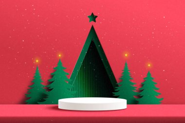 Mutlu Noeller ve mutlu yıllar. Kırmızı zemin üzerinde beyaz silindir podyum noel ağacı ve yıldızlarla süslenmiş kağıt sanat temsilcisi illüstrasyonu..