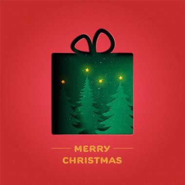 Kırmızı arka planda Noel ve kış sezonu. Hediye kutusu Noel ağacı, yıldız ve kar yağışıyla süslenmiş. Kağıt sanatı vektör çizimi.