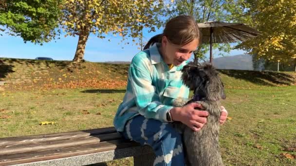 Gülümseyen Sarışın Kız Yavru Köpeğini Kucaklıyor Sonbahar Parkında Sarı Yapraklarla — Stok video