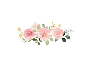 Rose Floral suluboya düğün davetiyesi şablonu. Kart kullanmaya hazır. Güllü suluboya davetiye tasarımı, yapraklar. çiçek ve suluboya arka plan. Çiçek elementleri, botanik suluboya çizimleri. Düğün şablonu.