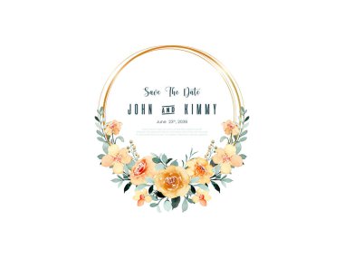 Save the date Yellow Water Color Floral with Gold Circle. Luxury elegant wreath hand drawn round floral frames set. Vector illustration for label, corporate identity, logo, branding, wedding invitation, greeting card, save the date.  clipart