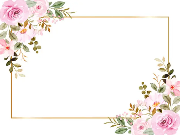 Suluboyalı Pembe Gül Çerçevesi. Çiçek çerçeveli suluboya çelenk - çiçekler, yapraklar ve dallar altın geometrik şekilli, düğün davetiyeleri, selamlar, duvar kağıtları, moda, arka plan için. Okaliptüs, pembe güller, yeşil yapraklar. 