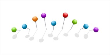 3D plastik raptiyeler, metal dikiş iğneleri ya da kağıt uyarısı için altın tahta raptiyeler. Şeffaf arkaplanda izole edilmiş gölgesi olan pin seti