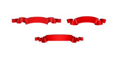 Kurdele koleksiyonu. Kırmızı parlak kurdele vektör bayrakları ayarlandı. Gerçekçi 3d Kırmızı Kurdele Seti