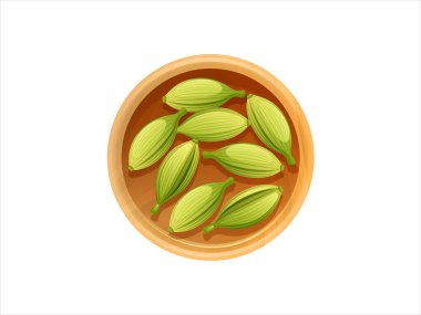 Açık kahverengi bir kâse içindeki yeşil kakule kapsüllerinin temiz beyaz arka planda çekilmiş üst görünümü. Aromatik baharat yemek ve tatlandırmada kullanılır..