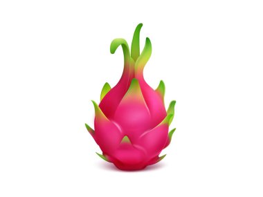 Canlı bir ejderha meyvesi beyaz arka planda izole edilir. Pembe derisi ve yeşil pulları onu çekici ve sağlıklı bir tropikal tedavi yapıyor..