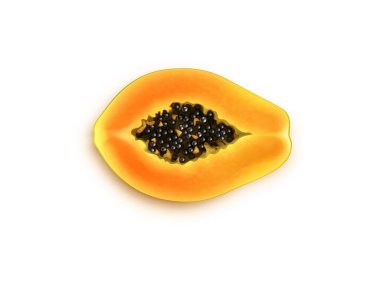 Canlı, yarım yamalak bir papaya, zengin portakal etini ve sayısız siyah tohumlarını, beyaz bir zemin üzerinde sergiliyor, tropikal cazibesini vurguluyor.