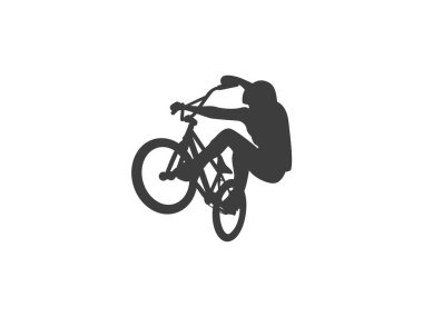 Bir siluet, BMX bisikletiyle tekerlekli sandalye kullanan bir bisikletçiyi gösteriyor. Arkaplan düz beyaz, figürü izole ediyor ve dublörün hareketini vurguluyor.