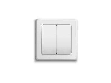 Beyaz bir çift lamba düğmesi düz beyaz bir arkaplanda merkezlenir. Düğme kare ve plastikten yapılmış. Işıkları kontrol etmek için basit ve modern bir tasarım..