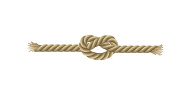 Bronzlaşmış bir ip düğümlenir. İpin uçları yıpranmış. Arka plan beyaz. Oryantasyon yatay. Görüntü ipin yakın plan görüntüsü..