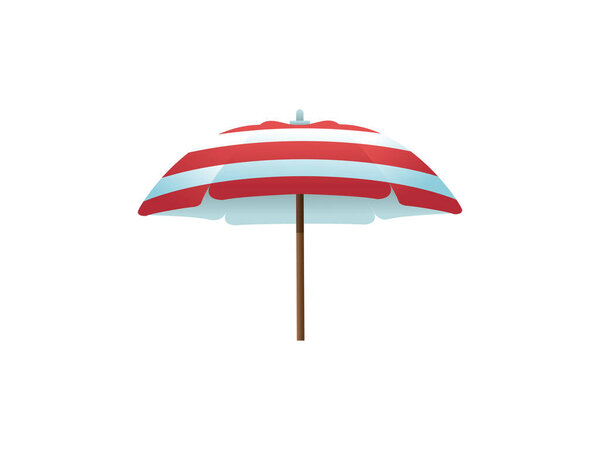 A red and white striped beach umbrella is isolated on a white background. It is a studio shot of a parasol, perfect for summer vacation designs.