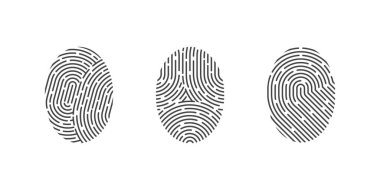 Beyaz arka planda belirgin desenlere sahip üç parmak izi görülüyor. Kimlik, güvenlik ve benzersiz tanımlamayı dijital formatta temsil ederler..