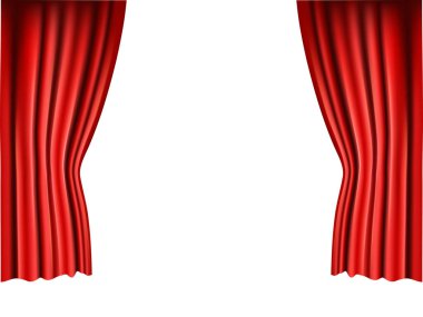 Bir çift kırmızı perde ayrılır ve parlak beyaz bir arka plan ortaya çıkar. Tiyatro yapımları, sunumlar ya da zarif tasarımlar için mükemmel..