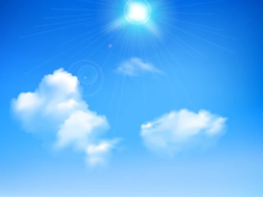 Güneşli mavi arkaplan, mavi gökyüzünde parlayan güneş, sıcak hava konsepti, yaz arkaplan illüstrasyonu