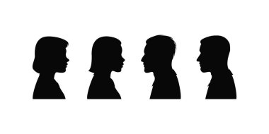 Dört kişinin siluetlerini gösteren basit bir çizim. Onlar, çiftler halinde (birbirlerine) dönerler. Arka plan beyaz ve siluetler siyah. 150