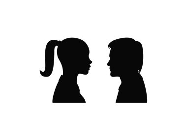 At kuyruklu bir kız ve birbirine bakan bir oğlanın yer aldığı bir siluet sanatı. Görüntü temiz beyaz bir arkaplan üzerine kurulur, basit bir görsel oluşturur.