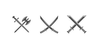 Bu çapraz silahların grafiksel bir çizimi. Kılıç ve balta, çapraz katana kılıçlarıyla birlikte, hepsi temiz beyaz arka plan tasarım elementinde..
