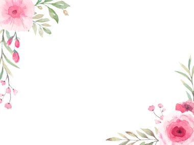 Çapraz köşelerde pembe çiçekler ve yeşil yapraklardan oluşan suluboya çiçek tasarımı, beyaz arkaplanda yumuşak ve zarif bir çerçeve oluşturur.