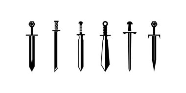 Siyah-beyaz altı kılıç simgesi. Her kılıcın kendine has bir kabzası ve bıçak tasarımı vardır. Kılıçlar beyaz bir arkaplanda izole edilmiş, temiz bir görünüm yaratıyor..