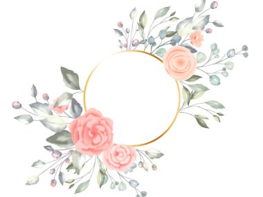 Pembe güller ve yumuşak yeşil yapraklardan oluşan suluboya bir düzenleme, temiz beyaz bir arkaplan üzerine kurulmuş altın bir çerçevenin etrafını sarar. Davetiyeler için mükemmel..