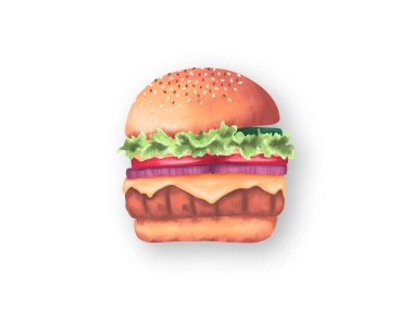 Marul, domates, soğan ve peynir içeren bir hamburgerin suluboya çizimi, temiz beyaz bir zemin üzerine kurulmuş, yiyecekle ilgili tasarımlar için mükemmel.