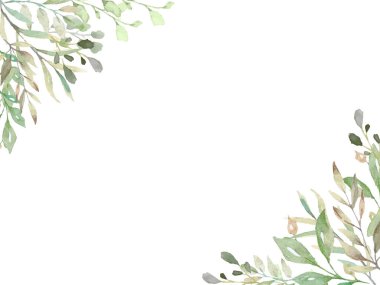 Beyaz arkaplanın köşelerinde yapraklı dalların yer aldığı suluboya bir resim, hassas bir çerçeve tasarımı yaratıyor, davetiyeler veya kartlar için mükemmel..