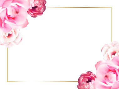 Pembe gülleri ve altın bir kenarı olan narin bir çiçek çerçevesi. Davetiyeler, kartlar ya da zarafet ve romantizm gerektiren her tasarım için mükemmel..