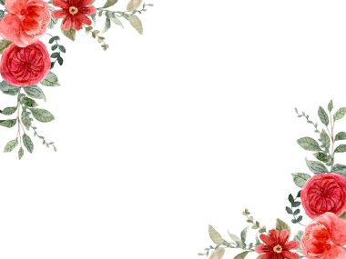 Kırmızı ve pembe çiçekli suluboya çiçek aranjmanı ve beyaz arka planda yeşil yapraklar. Davetiyeler ya da dekoratif unsurlar için mükemmel. Sanat tasarımı.