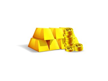 Bir yığın altın külçesi ve bir yığın bozuk paranın yer aldığı bir çizgi film tasviri. Görüntü, zenginliği vurgulayarak, temiz beyaz bir arkaplan üzerine kurulmuştur..