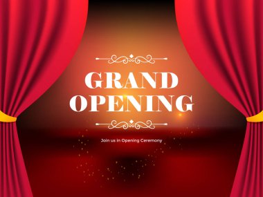 Kırmızı perdeler, dekoratif girdaplar ve değişken bir arkaplan içeren büyük bir açılış duyurusu izleyicileri açılış törenine davet ediyor..