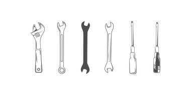 Basit bir illüstrasyon çeşitli araçları gösteriyor. Anahtarlar ve tornavidalar beyaz arka planda dizilmiş. Tamir ve bakım için mükemmel..
