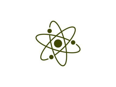 Yörüngedeki elektronları ve merkezi çekirdeği olan bir atom tasviri. Beyaz arka planda zeytin yeşiliyle gösterilmiş. Basit ve temiz tasarım.