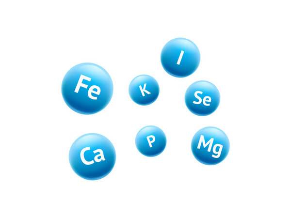 Группа голубых сфер, представляющих основные минералы, такие как кальций, железо и магний, расположенных на чистом белом фоне, рассматриваемых сверху. Жизненные питательные вещества.