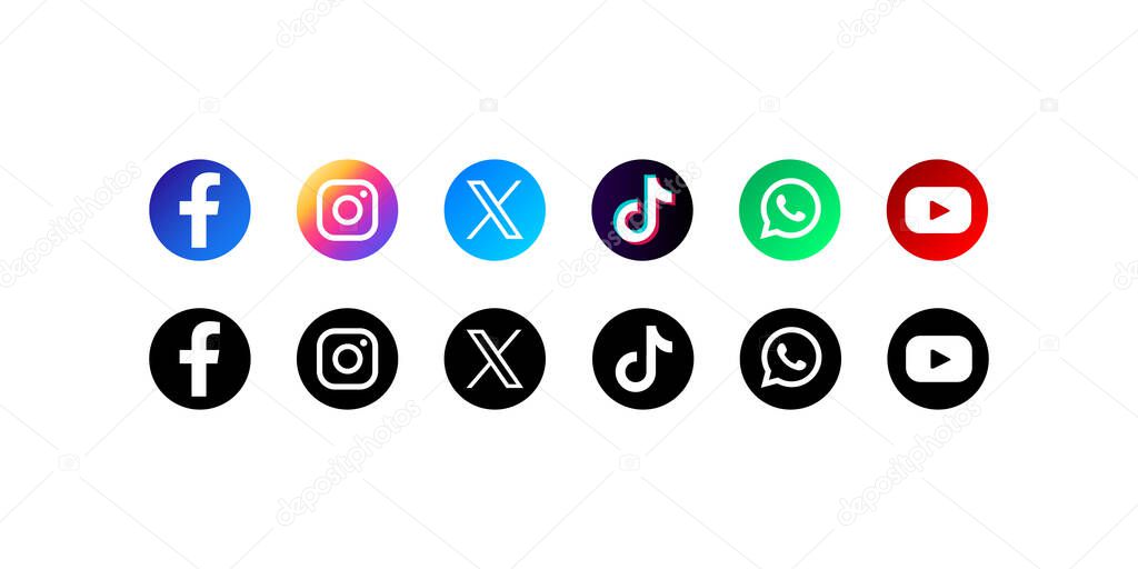 A set of social media icons in color and black and white. The icons include Facebook, Instagram, X, TikTok, WhatsApp and Youtube on a white background.