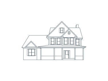 İki katlı bir evin basit bir taslağı. Evde bir veranda, birden fazla pencere ve bir baca var. Arka plan düz beyaz. Ön görünüm.