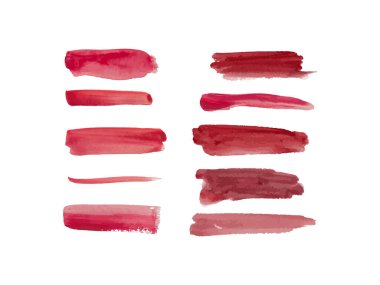 Kırmızı ve pembe tonlarda suluboya fırça darbelerinden oluşan bir koleksiyon, temiz beyaz bir arkaplan üzerine kurulmuş. Tasarımlarınıza sanatsal dokunuşlar eklemek için ideal.