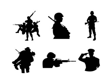 Askerleri farklı eylemlerde tasvir eden bir grup siyah siluet, yaralı bir yoldaşı ve selam veren bir subayı taşımak da dahil. Hizmeti simgeler.