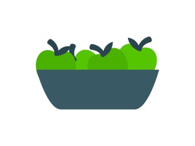 Koyu gri bir kasede üç yeşil elma bulunan minimalist bir illüstrasyon. Biçim düz ve basit, temiz beyaz arkaplan sahnesine göre ayarlı.