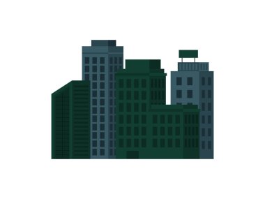 Farklı yüksekliklere, koyu yeşil ve mavi renklere sahip dört binanın basit bir çizimi. Binalar düz beyaz bir arkaplan üzerine kuruludur..