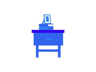 Üzerinde bir çekmece, kitaplar ve resim çerçevesi olan mavi bir komodin, beyaz bir arka planda. Yatak odası dekorasyonu için basit, temiz bir çizim..