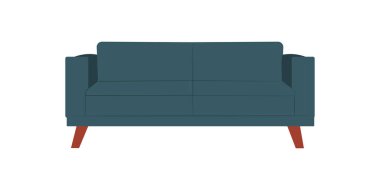 Kısa kahverengi bacaklı deniz mavisi bir kanepe beyaz bir arka planda göze çarpar. Temiz çizgiler ve minimalist tasarım modern ve şık bir eser yaratır..