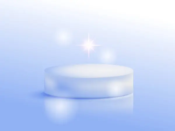 Açık mavi bir zemin üzerinde minimalist beyaz bir podyum, yumuşak bir parıltı ve bokeh ile aydınlatılmış. Ürün gösterimleri ve temiz estetik sunumlar için ideal.