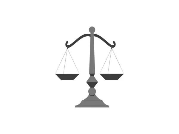 Beyaz arka plana karşı gri ölçekli bir çizim. Terazide iki tava asılı duruyor. Adalet, hukuk ve dengeyi simgeleyen basit bir tasarım..